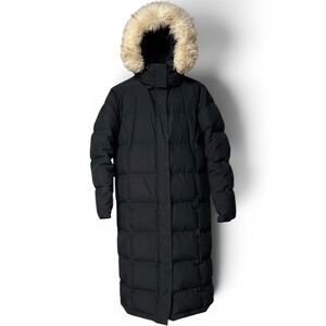 L.L.Bean Down Puffer Coat Womens XS Petite Long Black Faux Fur Hood